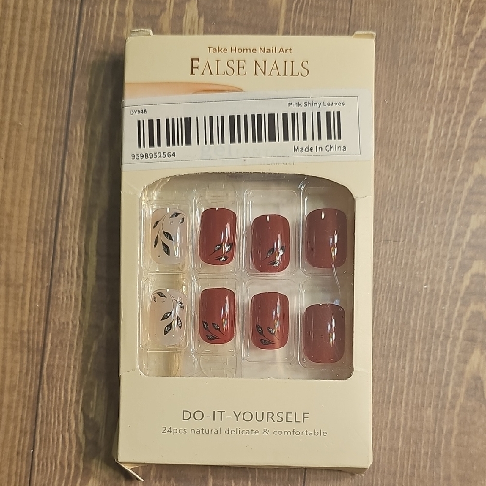 False Nails - Pink Shiny Leaves